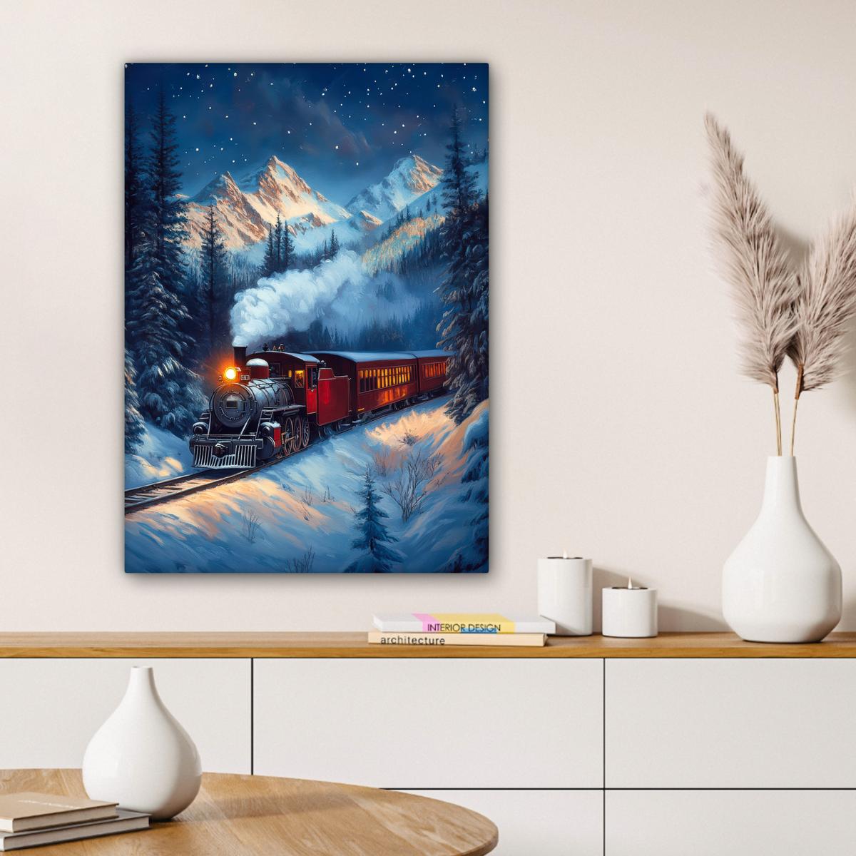LEINWANDBILD Zug - Weihnachten - Schnee - Weihnachtszug Wandbild Wohnzimmer 60x80 cm - Anthrazit, Textil (60/80cm) - MuchoWow