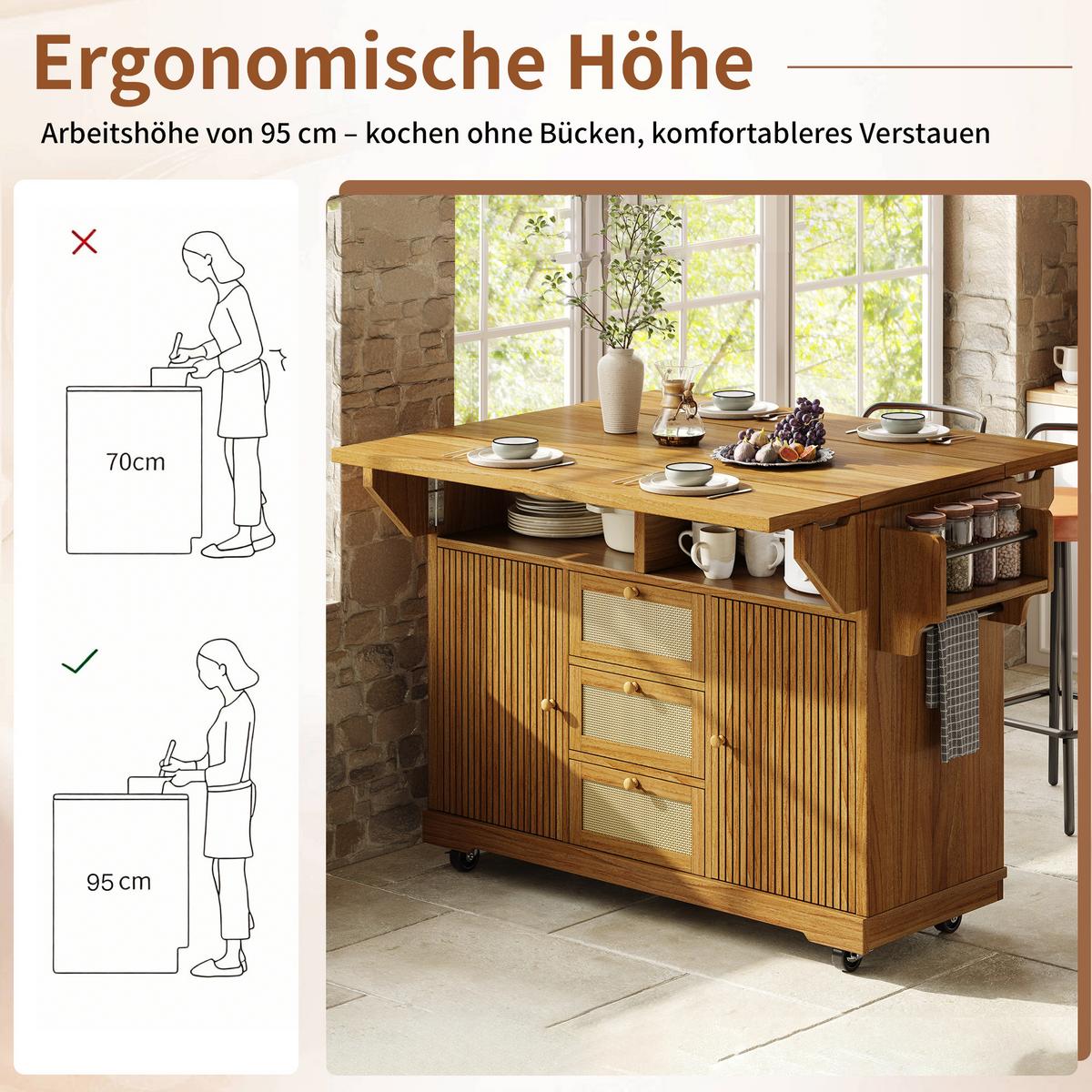 KÜCHENINSEL Dunkelbraun Ausklappbar Mit PE-Rattanschubladen & Rollen - Dunkelbraun, Holzwerkstoff (142.5/95/80cm) - Urban Meuble
