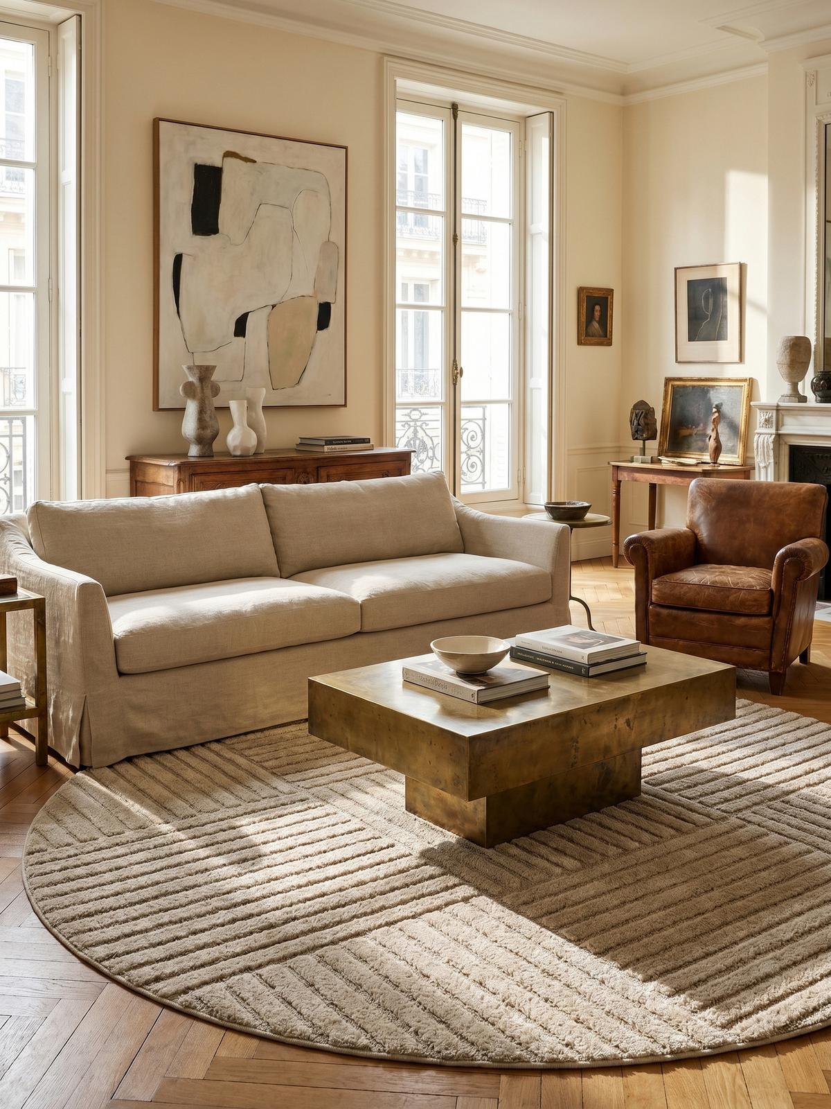 TEPPICH Hochflor RIGI in Beige, mit Cord-Streifen-Patchwork, Ø 120 cm - Beige, Textil (120/120cm) - KADIMA DESIGN