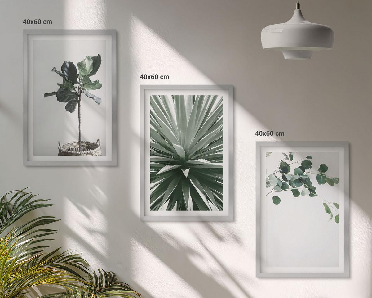 BILDER SET 3er Set - 40x60 cm Silberner Rahmen - Minimalismus mit grünen Pflanzen - Silberfarben, Kunststoff (40/60cm) - TULUP