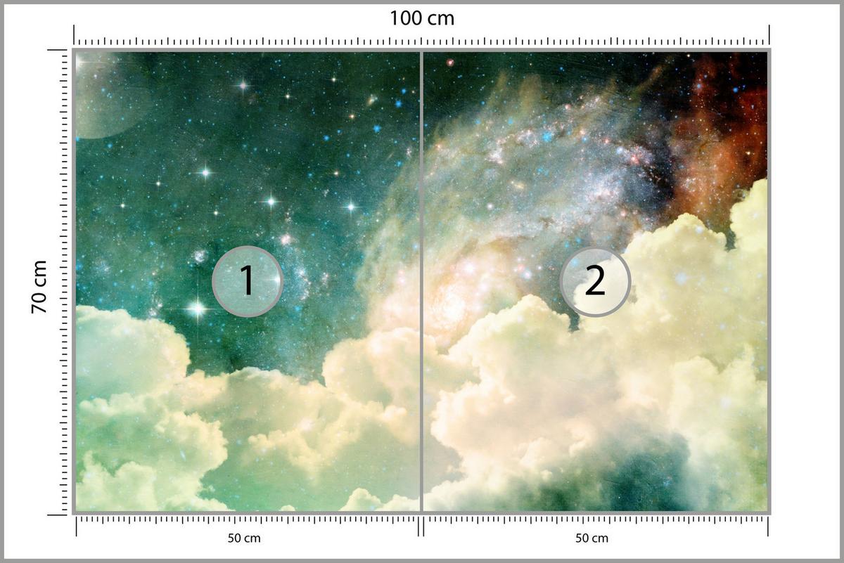 FOTOTAPETE für Kinderzimmer Kosmische Nebelwolken Sterne Galaxie Mystisch 100x70 - Türkis/Pastellgrün, Papier (100/70cm) - Muralo
