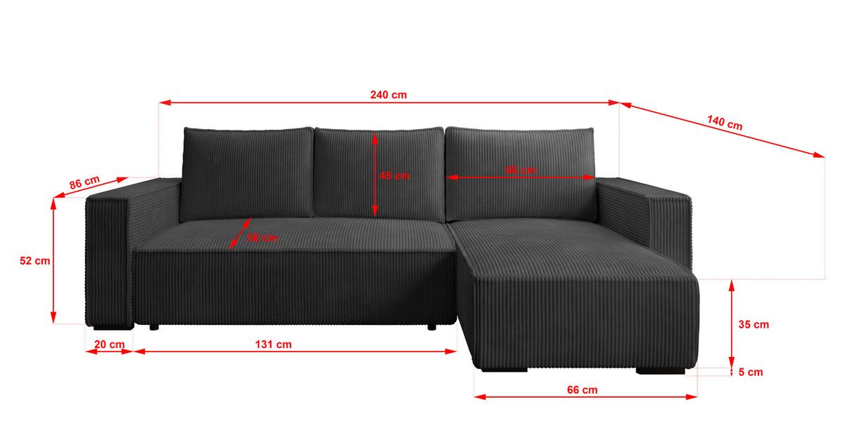 ECKSOFA CUDDY L, Eckcouch in L-Form mit Schlaffunktion und Bettkasten, Farbe: Dunkelgrau, Cordstoff, Ottomane Rechts - Dunkelgrau, Textil (240/140cm) - Storez24