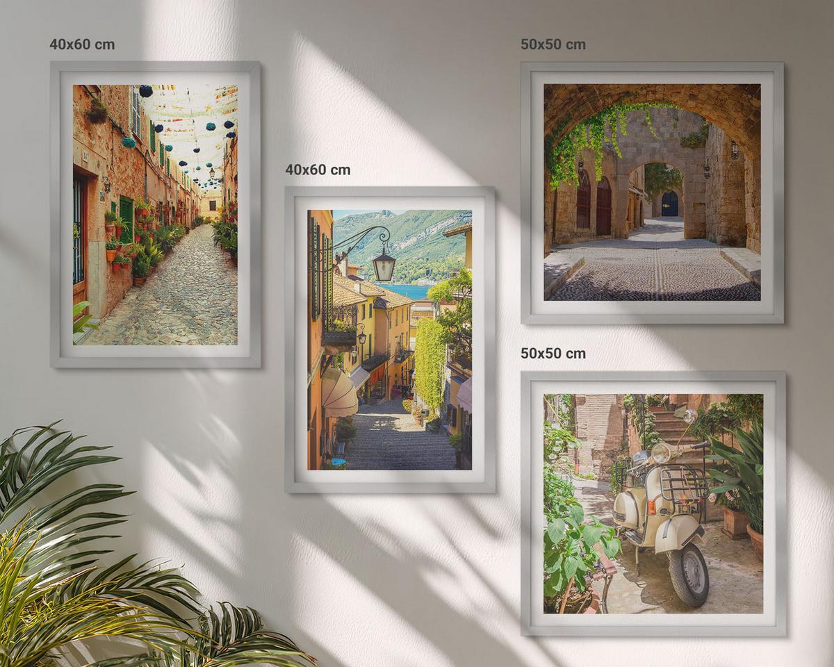 BILDER SET 4er Set - 50x50 cm & 40x60 cm Silberner Rahmen - Charmante Straßen und Pizza - Silberfarben, Kunststoff (50/50cm) - TULUP