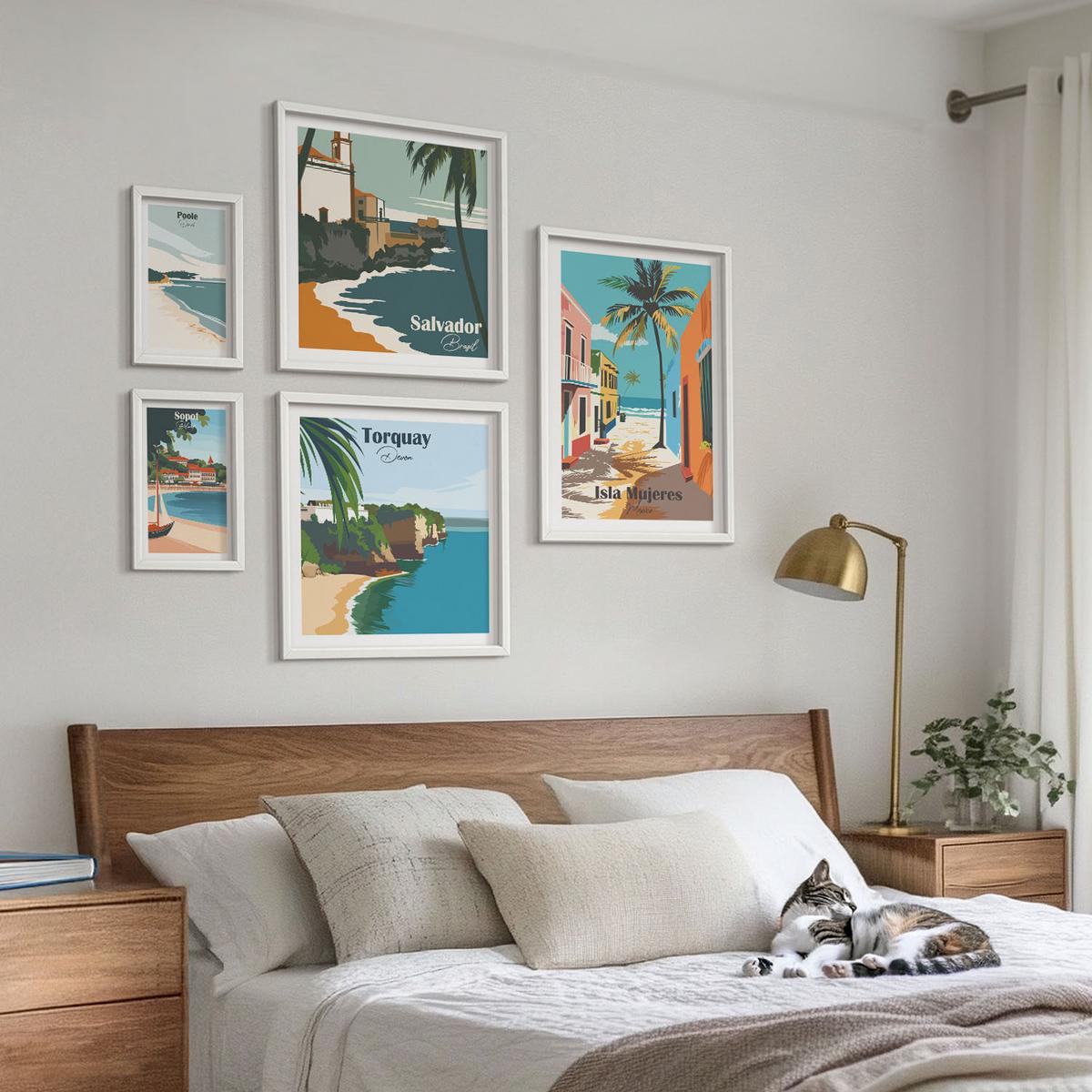 BILDER SET 5er Set - 50x50 cm & 20x30 cm & 40x60 cm Weißer Rahmen - Retro-Ansichten von Städten auf der ganzen Welt - Weiß, Kunststoff (40/60cm) - TULUP