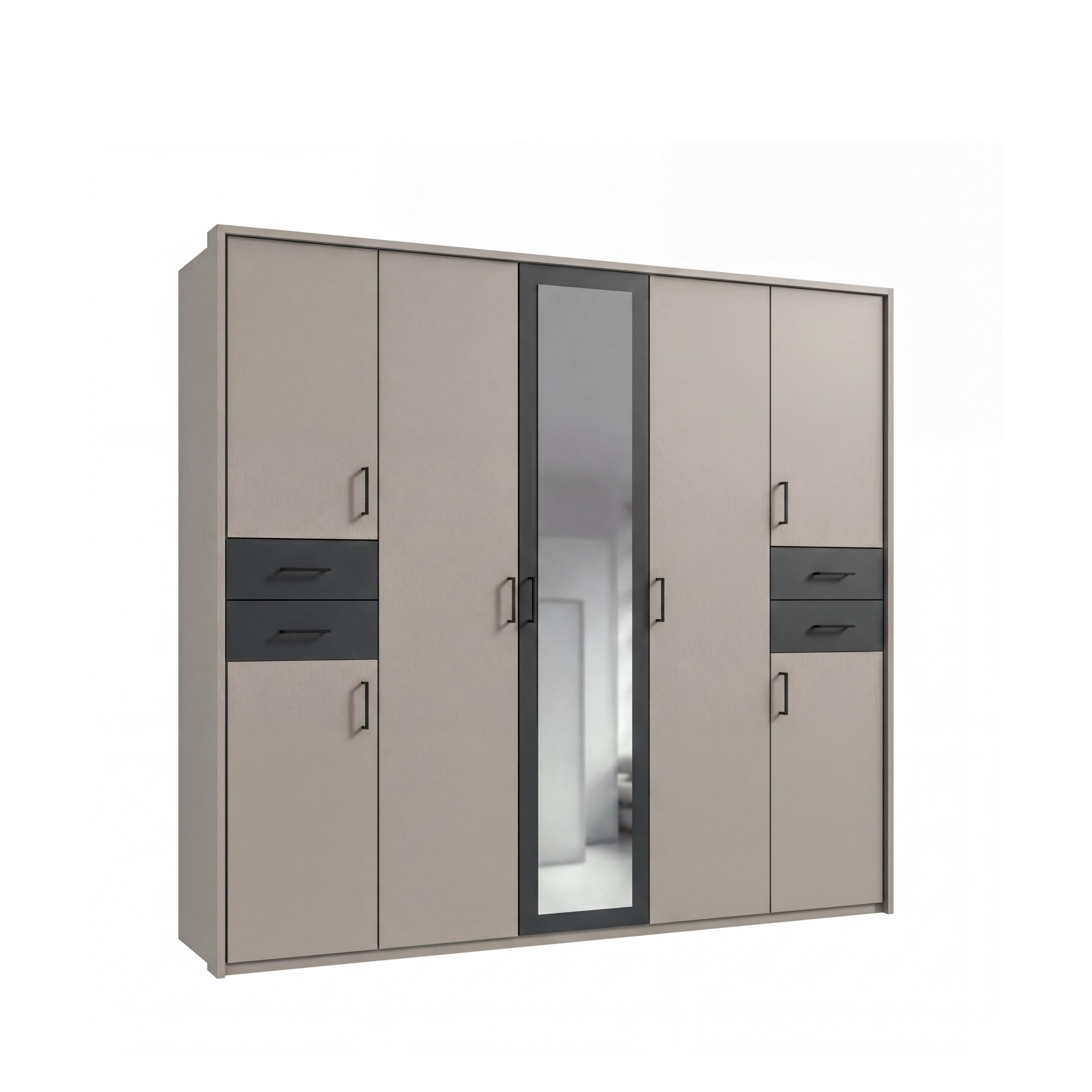 DREHTÜRENSCHRANK B228/H210/T58 cm, Sandgrau mit Absetzungen in Grafit, Kleiderschrank mit Passepartout&1Spiegeltür&Schubkästen, Griffe schwarz/ 22573 - Sandfarben/Schwarz, Holzwerkstoff/Kunststoff (228/210/58cm) - luma-home