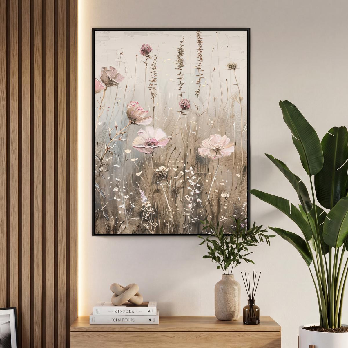 LEINWAND Bilder mit Rahmen - Blumen - Rosa - Modern - Beige - 70x100 - Beige, Textil (70/100cm) - MuchoWow