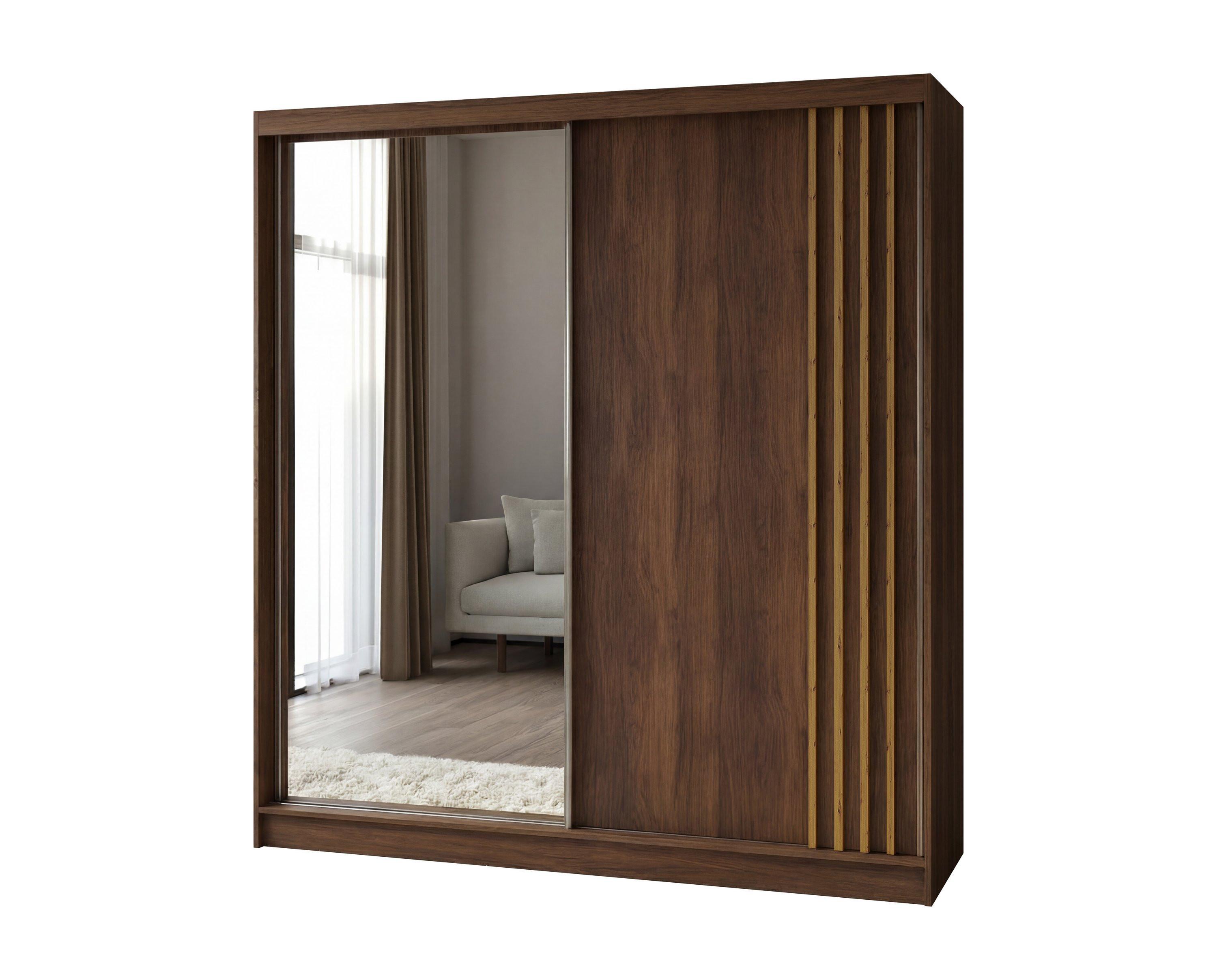 SCHWEBETÜRENSCHRANK NELVIA 200/216/61 cm Modern Kleiderschrank 2-türig mit Spiegel Nussbaumfarben - Nussbaumfarben, Holzwerkstoff (200/216/61cm) - MASSENO