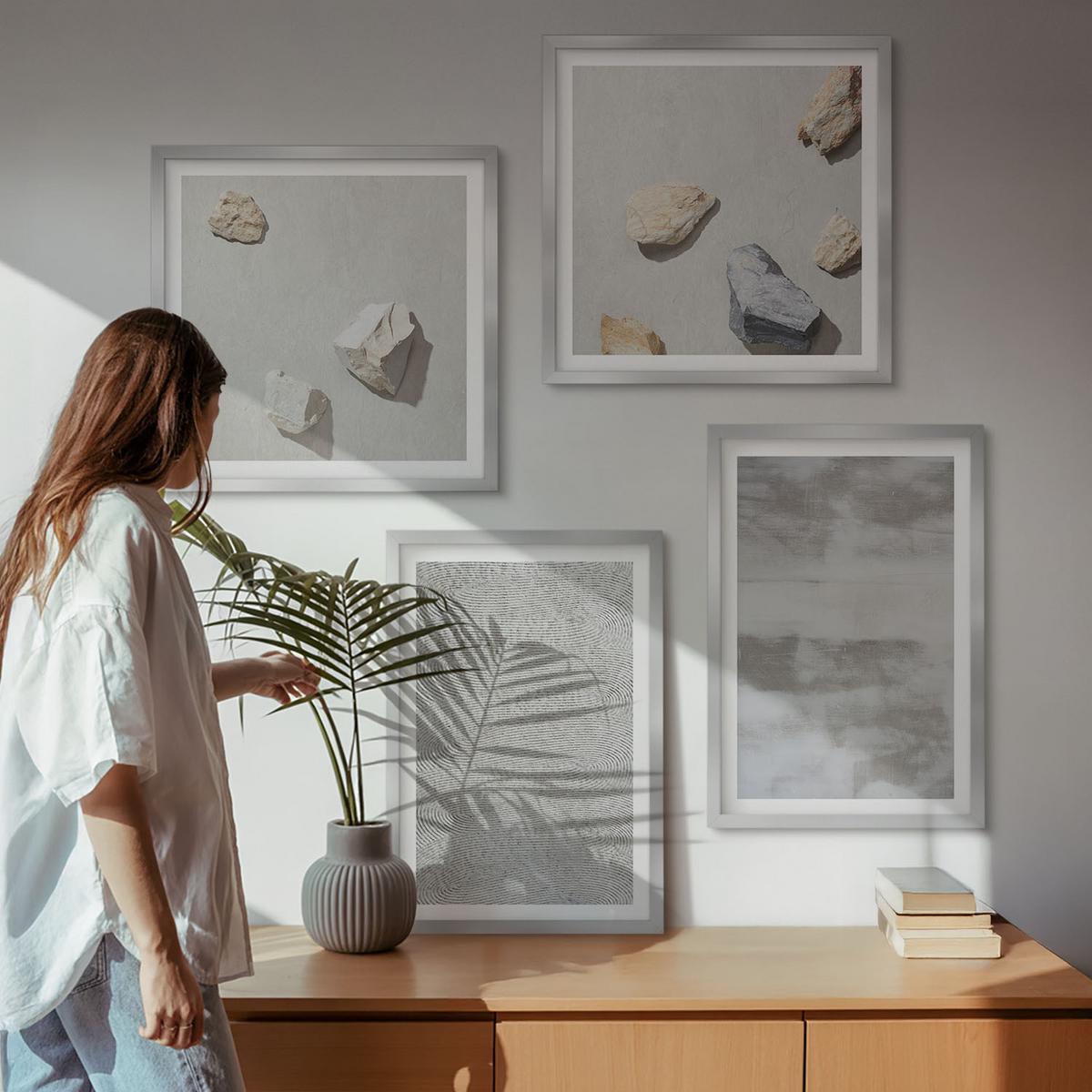 BILDER SET 4er Set - 50x50 cm & 40x60 cm Silberner Rahmen - Moderne minimalistische Texturen - Silberfarben, Kunststoff (50/50cm) - TULUP