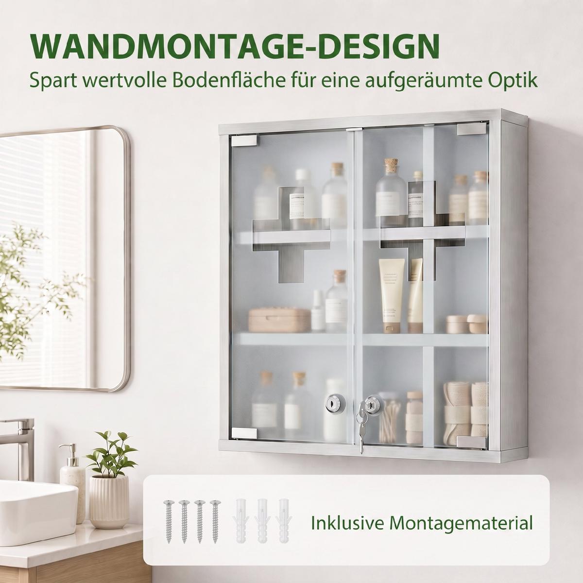 MEDIZINSCHRANK Edelstahl 430 gehärtetes Glas Silber - Silberfarben, Metall (12/48/46cm) - HOMCOM