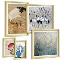 BILDER SET 5er Set - 50x50 cm & 20x30 cm & 40x60 cm Goldrahmen - Japanische Kraniche Landschaft - Goldfarben, Kunststoff (40/60cm) - TULUP
