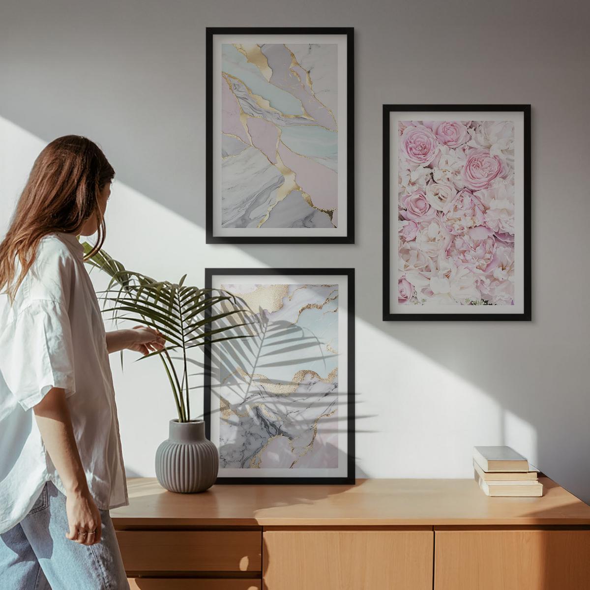BILDER SET 3er Set - 40x60 cm Schwarzer Rahmen - Rosa Blumen Marmor Pastell - Schwarz, Kunststoff (40/60cm) - TULUP