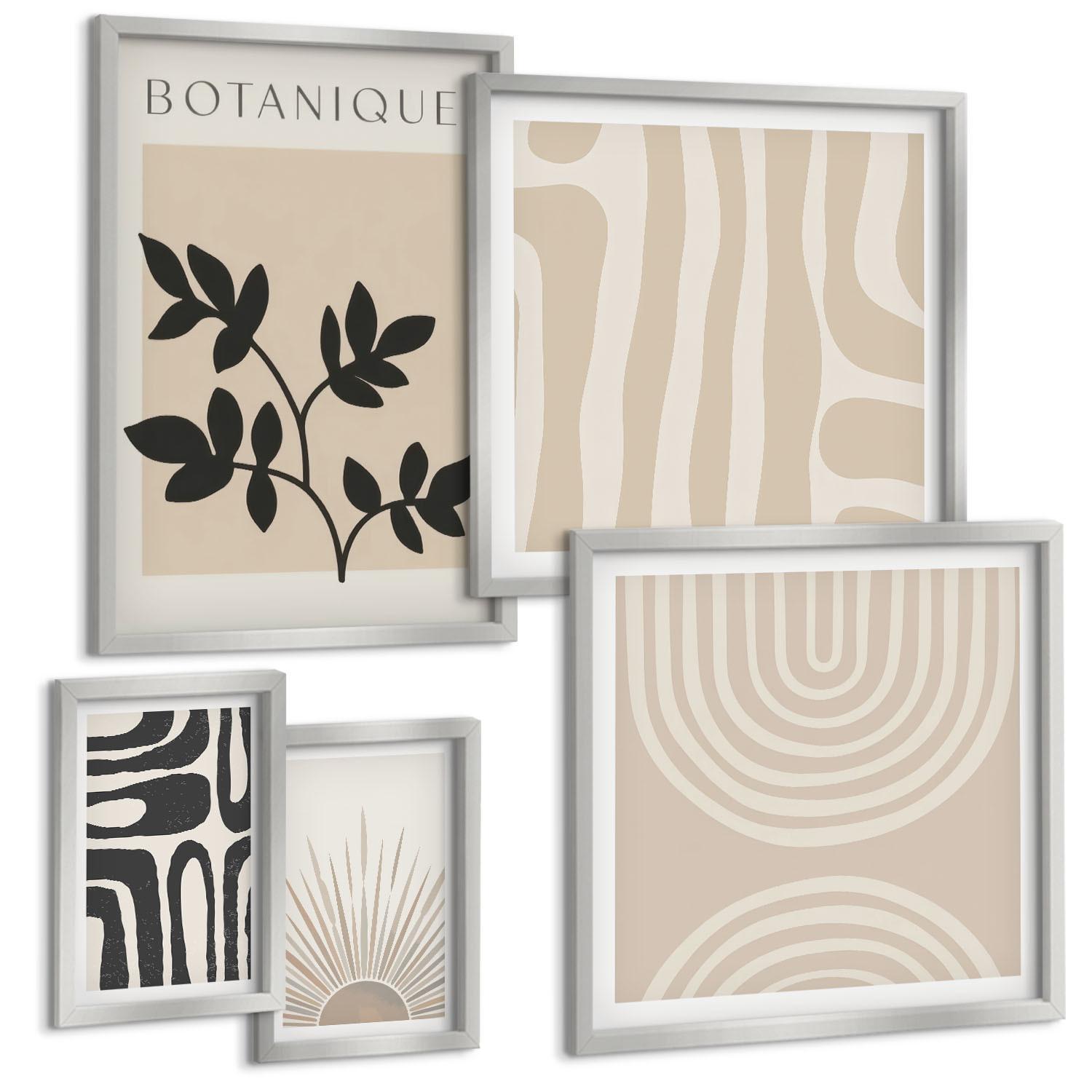 BILDER SET 5er Set - 50x50 cm & 20x30 cm & 40x60 cm Silberner Rahmen - Abstrakte Pflanzenmuster - Silberfarben, Kunststoff (40/60cm) - TULUP