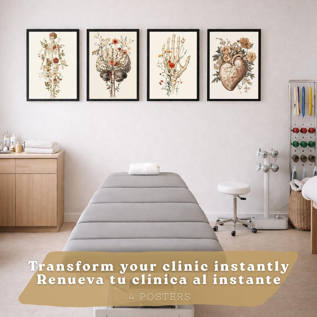 POSTER Set aus 4 Anatomie Mensch Dekorative Drucke und Wandbilder mit Blumen Ganzkörper Gehirn Hand und Herz Stil Größe Schwarzer Rahmen A4 - Schwarz, Papier (21/29.7/3cm) - Nacnic