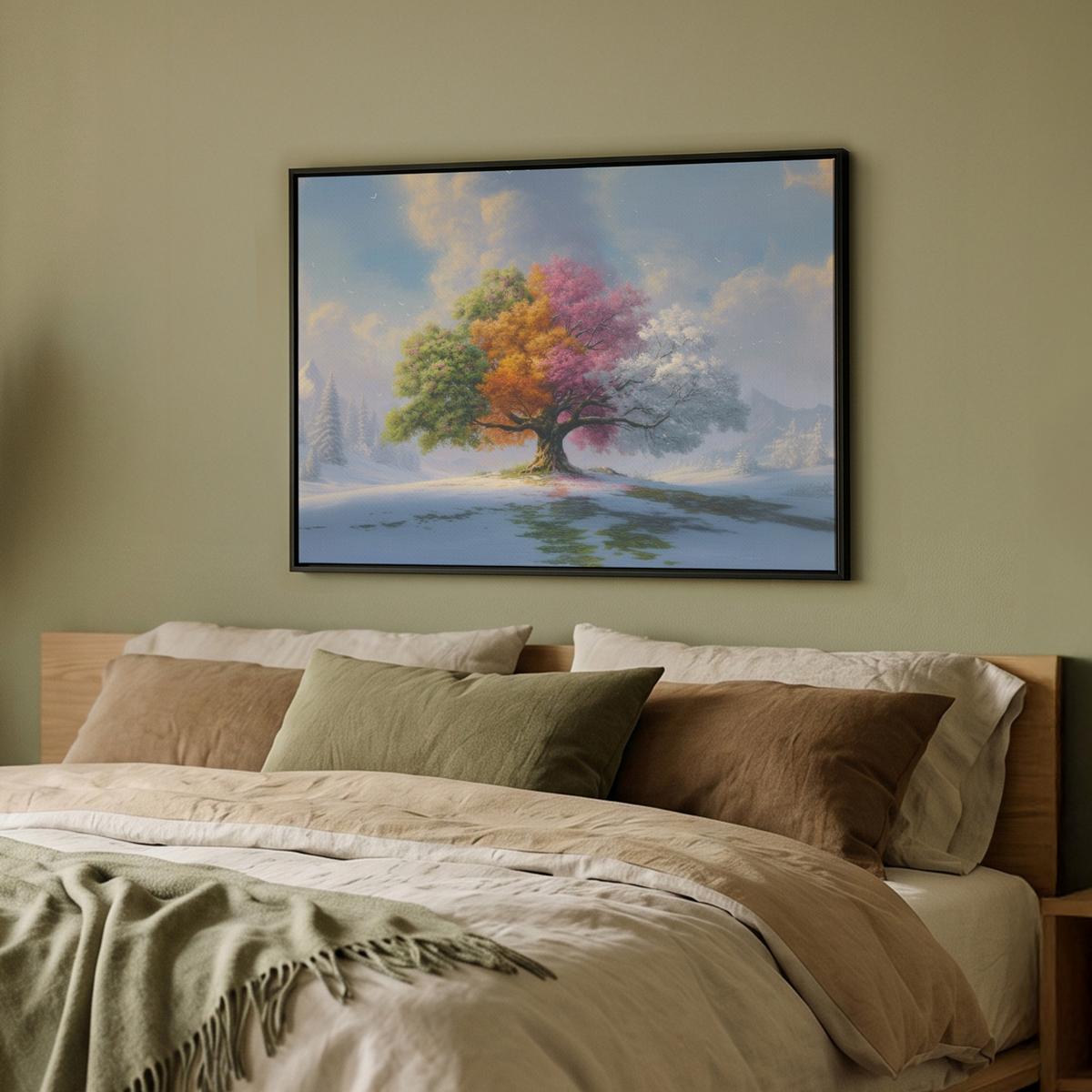 LEINWAND Bilder mit Rahmen - Baum - Jahreszeiten - Winter - Landschaft - 80x60 - Multicolor, Textil (80/60cm) - MuchoWow