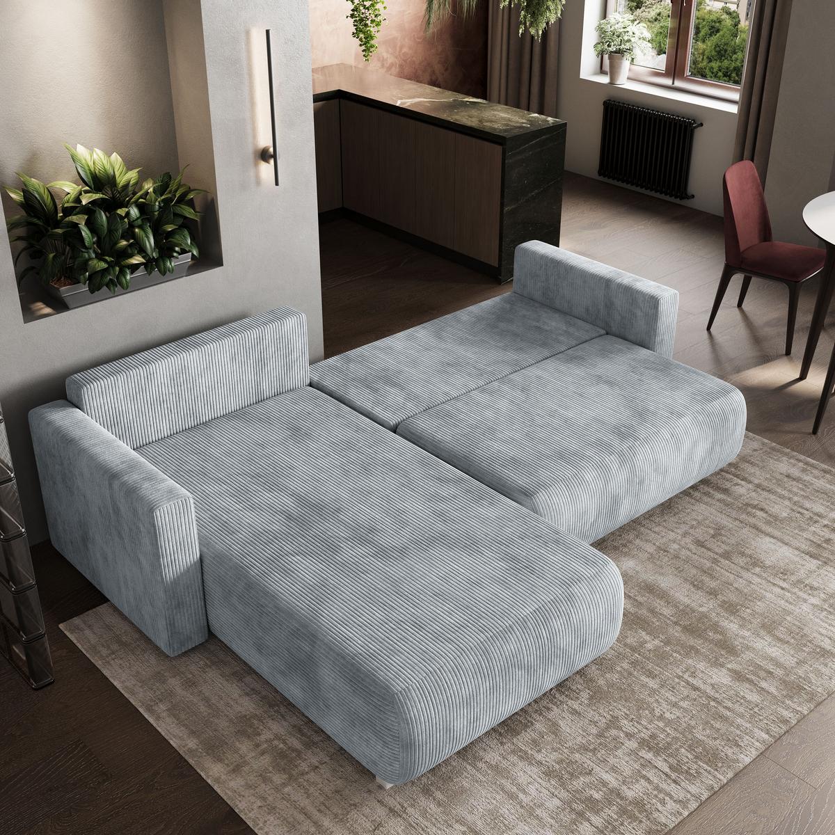 ECKSOFA TURIN P Creme Kordstoff mit Schlaffunktion - Creme/Grau, Holz/Kunststoff (265/183cm) - MASSENO