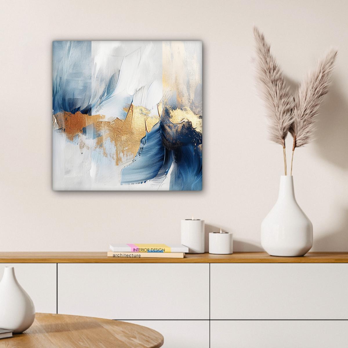 LEINWANDBILD Gold - Blau - Aquarell - Kunst - Modern Wandbild Wohnzimmer 50x50 cm - Hellblau, Textil (50/50cm) - MuchoWow