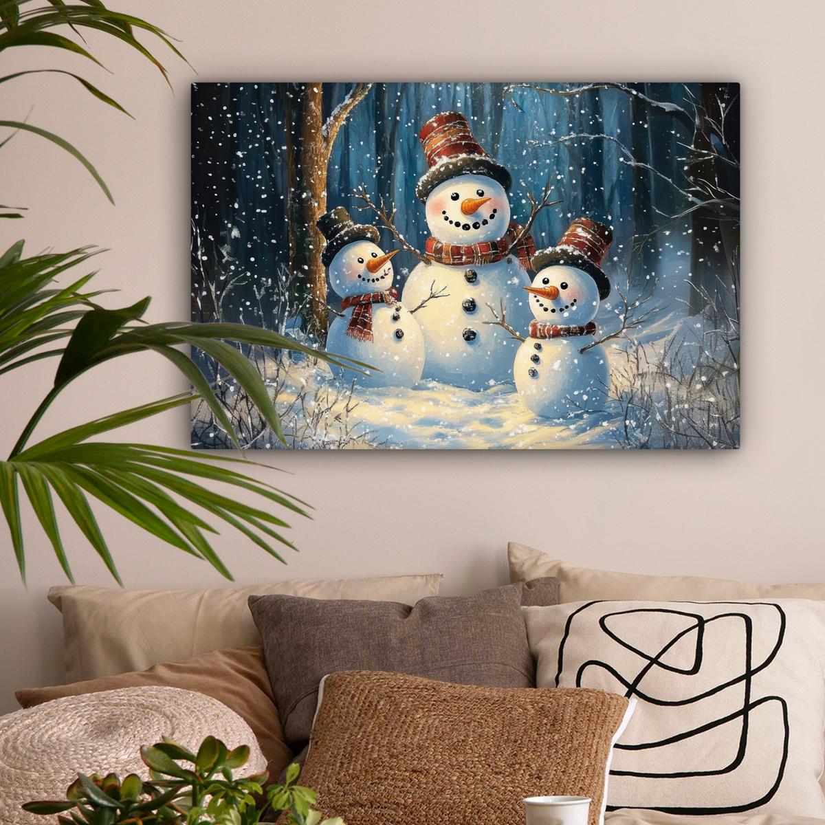 LEINWANDBILD Schneemann - Schnee - Winter - Wald Gemälde 60x40 cm - Hellblau, Textil (60/40cm) - MuchoWow