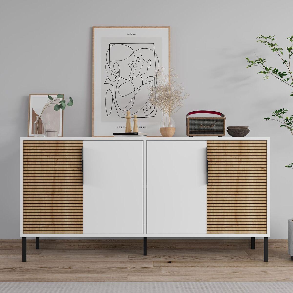 SIDEBOARD mit 4 Türen, Dekor in Weiß und Saphir-Eiche 36/150/75 cm - Weiß, Holzwerkstoff (36/75/43cm) - Calicosy