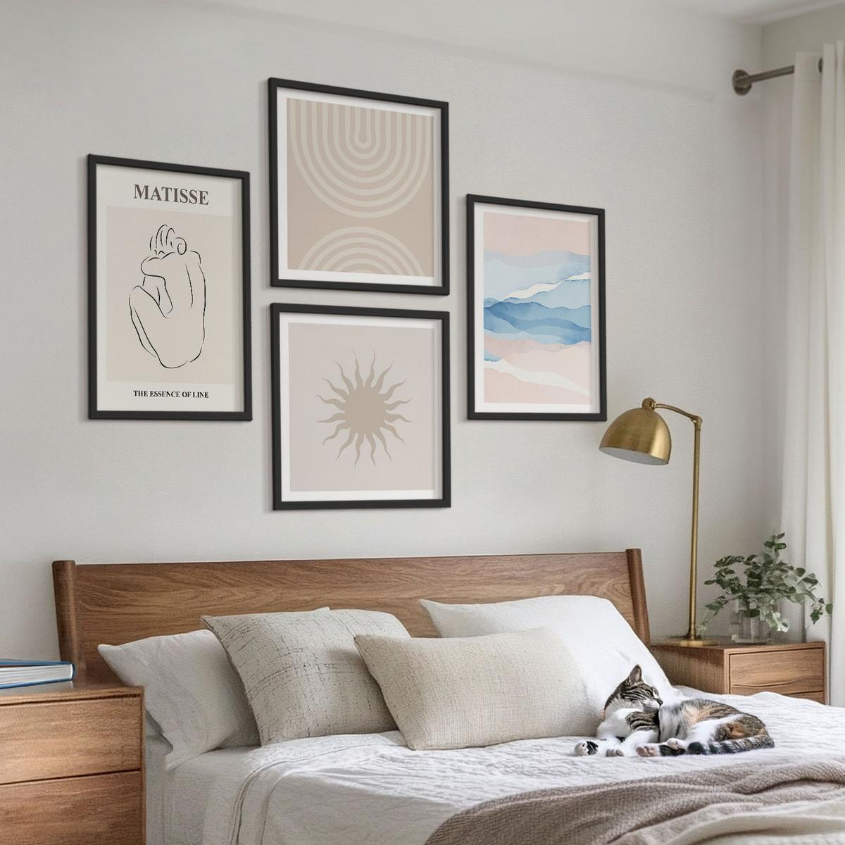 BILDER SET 4er Set - 50x50 cm & 40x60 cm Schwarzer Rahmen - Linien, Wellen, Pastellfarben, minimalistisch - Schwarz, Kunststoff (50/50cm) - TULUP