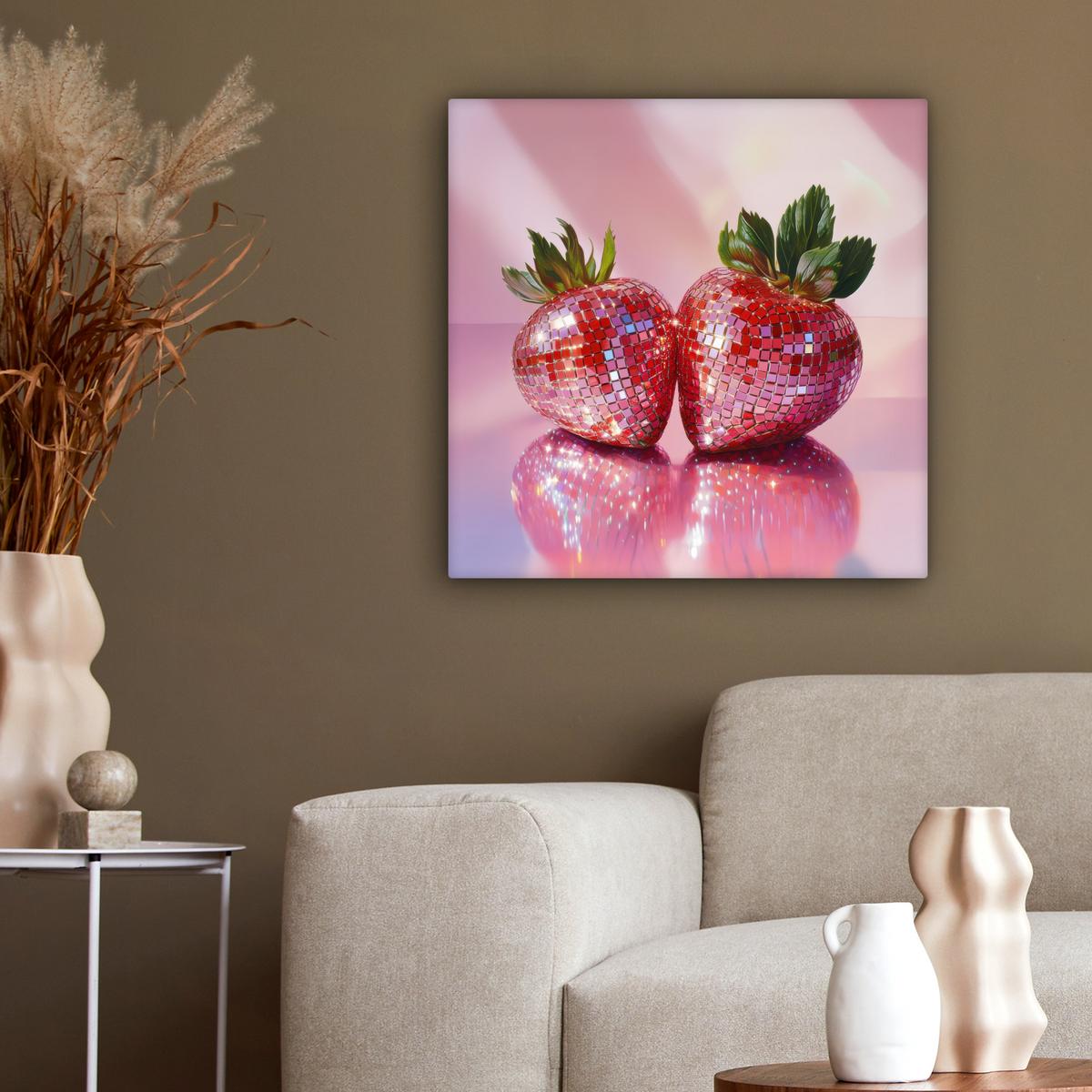 LEINWANDBILD Disco - Obst - Glitzer - Erdbeere Wandbild Wohnzimmer 50x50 cm - Pink, Textil (50/50cm) - MuchoWow