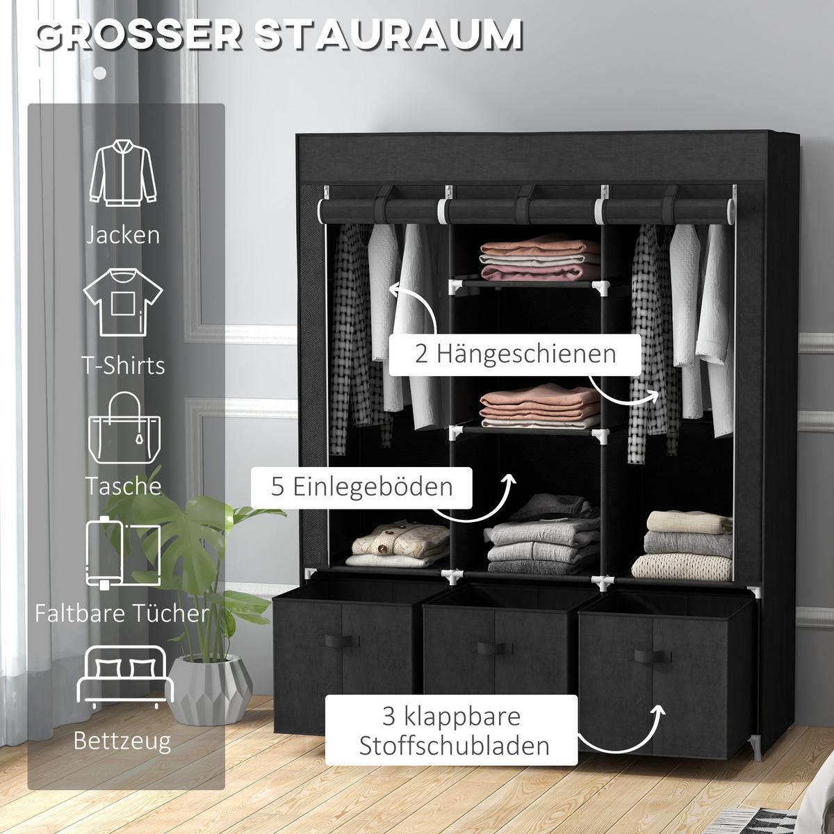 STOFFSCHRANK, Kleiderschrank, Faltschrank mit Reißverschluss, Faltbare Garderobe - Schwarz, Kunststoff/Textil (43/162.5/125cm) - HOMCOM