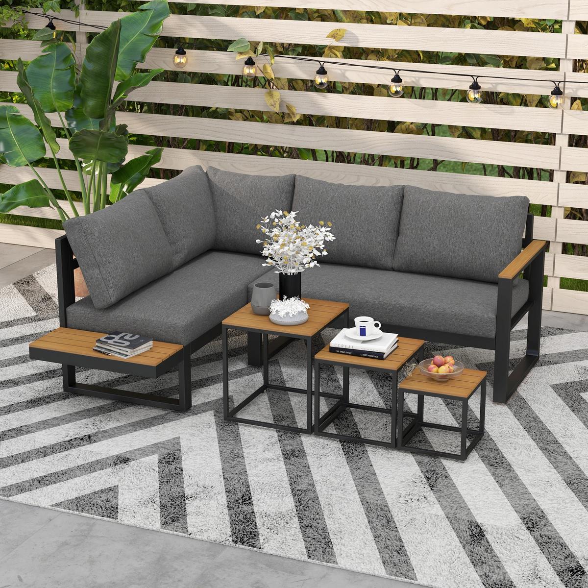 GARTENMÖBEL-SET, mit Ecksofa, Couchtisch, mit Sitzkissen, Aluminium, Kunststoff, Grau - Dunkelgrau, Metall - Outsunny