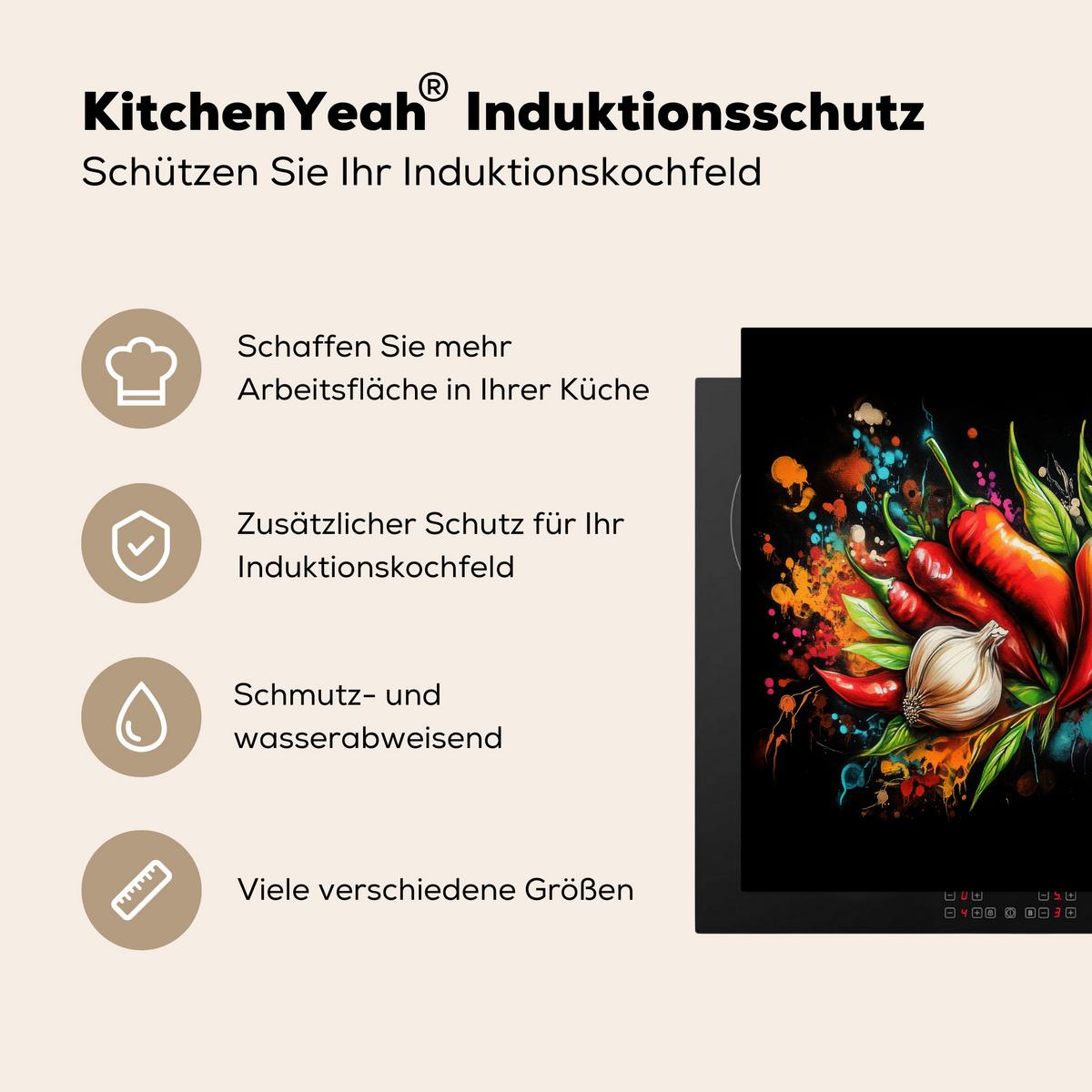 HERDABDECKPLATTE Gemüse - Paprika - Knoblauch - Graffiti - Farbe - Bunt Ceranfeldabdeckung 59x52 cm - Rot, Kunststoff (59/52/0.2cm) - MuchoWow