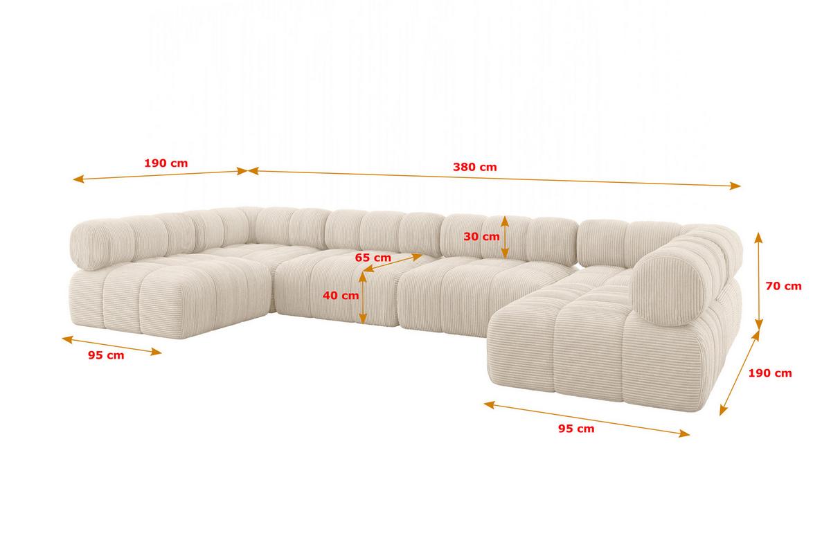 WOHNLANDSCHAFT modulares Sofa Garvo-U2 - 380x190x70 cm Beige Cord - Beige, Holzwerkstoff/Textil (380/70/190cm) - ALTDECOR