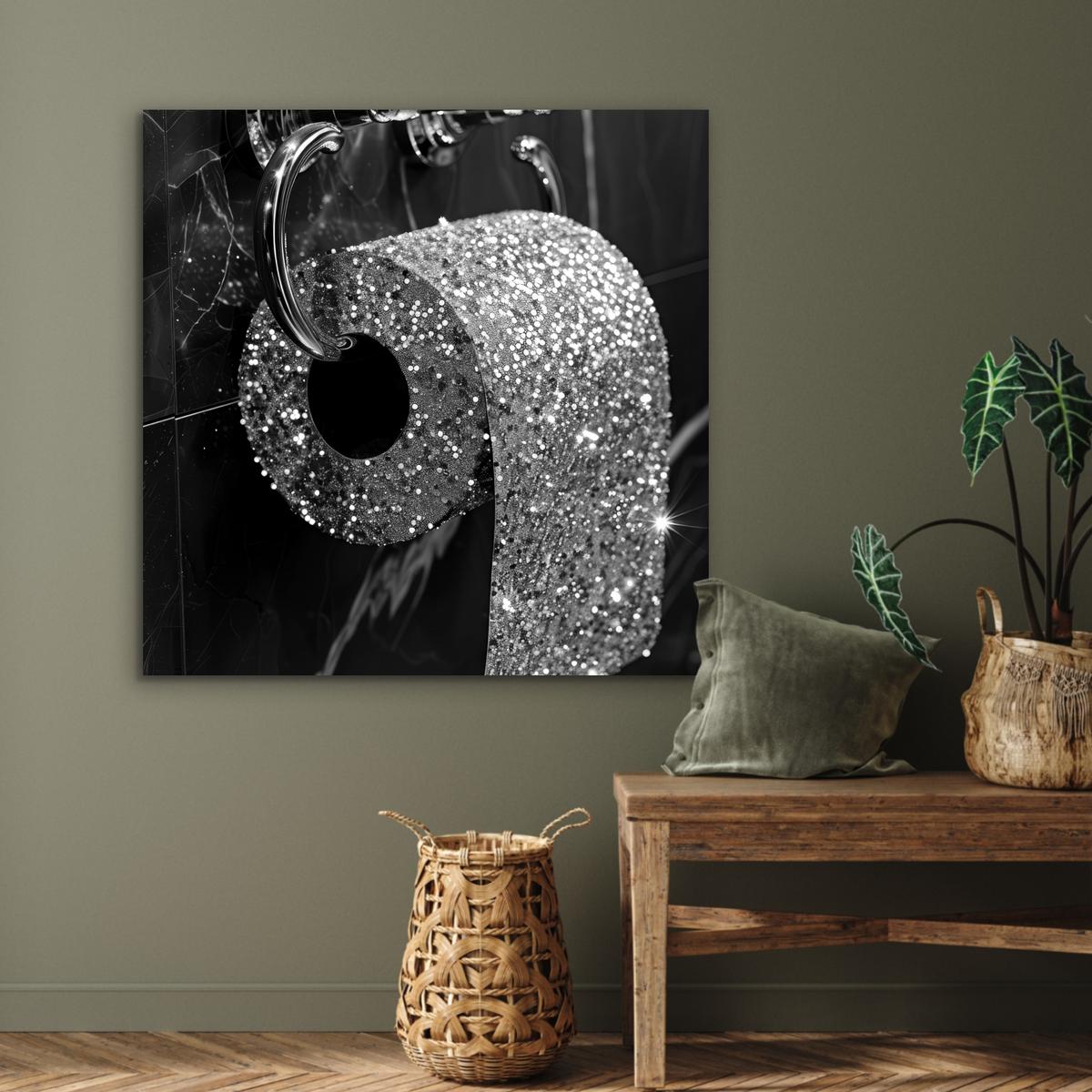 METALLBILD WC - Toilettenpapier - Schwarz und weiß - Glitter 90x90 cm - Silberfarben, Metall (90/90cm) - MuchoWow