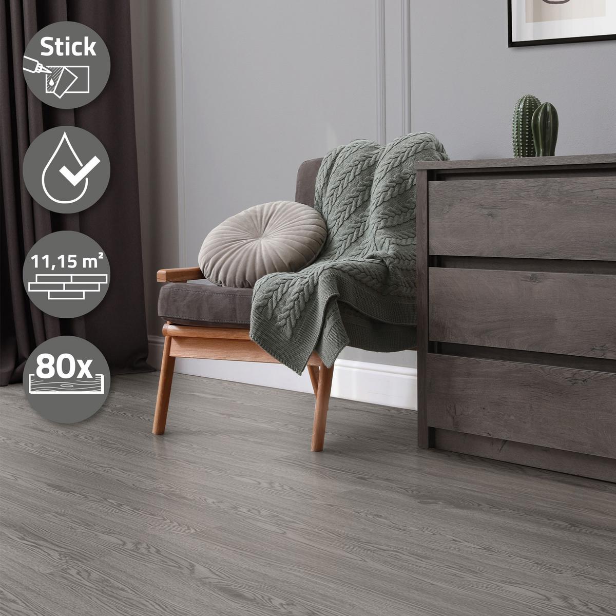 VINYLBODEN selbstklebend 11,15m²/80 Dielen Eiche Grau - Grau, Kunststoff (91.5/15.3/0.2cm) - ML-DESIGN