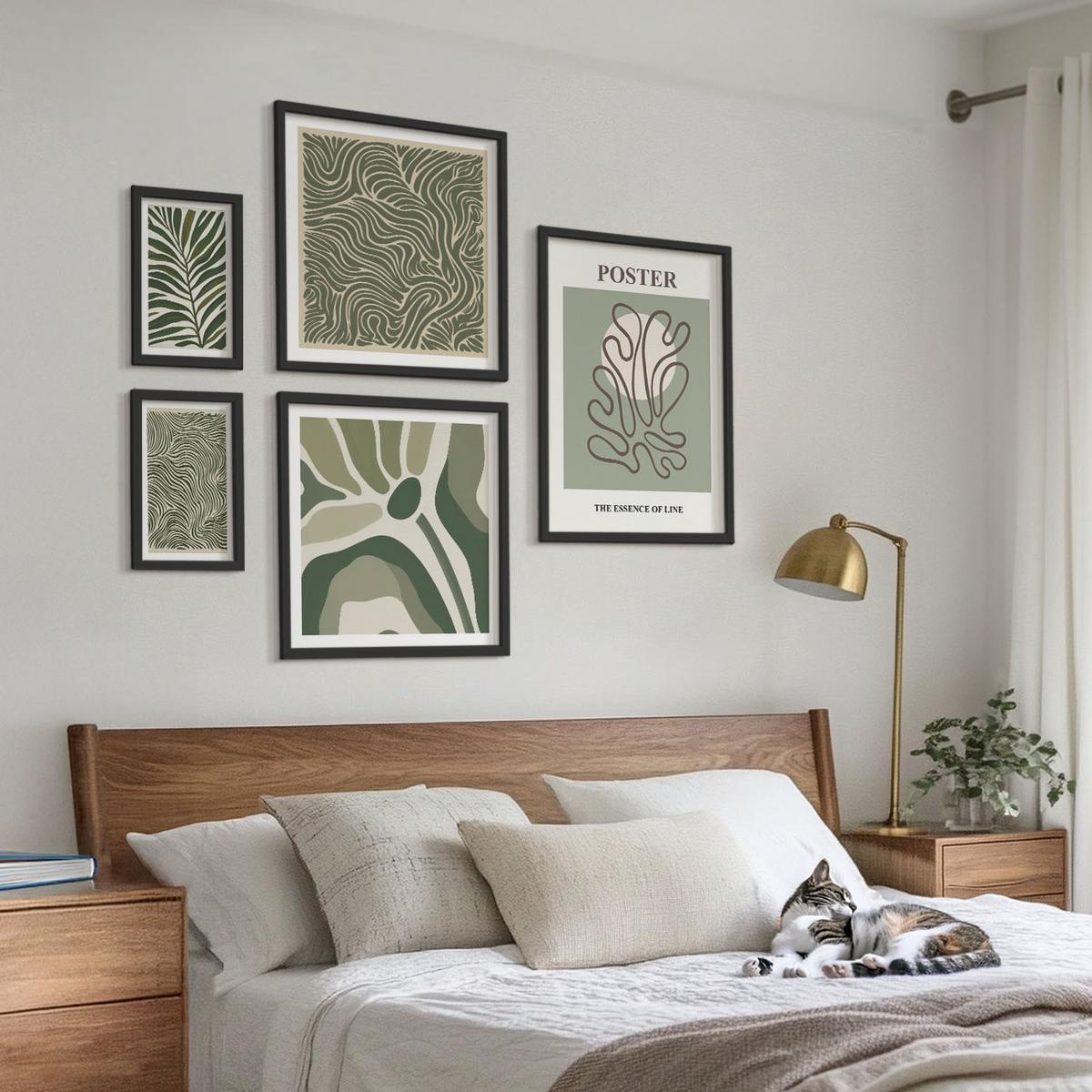 BILDER SET 5er Set - 50x50 cm & 20x30 cm & 40x60 cm Schwarzer Rahmen - Blattmuster und wellenförmige Formen - Schwarz, Kunststoff (40/60cm) - TULUP