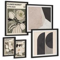 BILDER SET 5er Set - 50x50 cm & 20x30 cm & 40x60 cm Schwarzer Rahmen - Kingston Seoul Retro-Blumen - Schwarz, Kunststoff (40/60cm) - TULUP