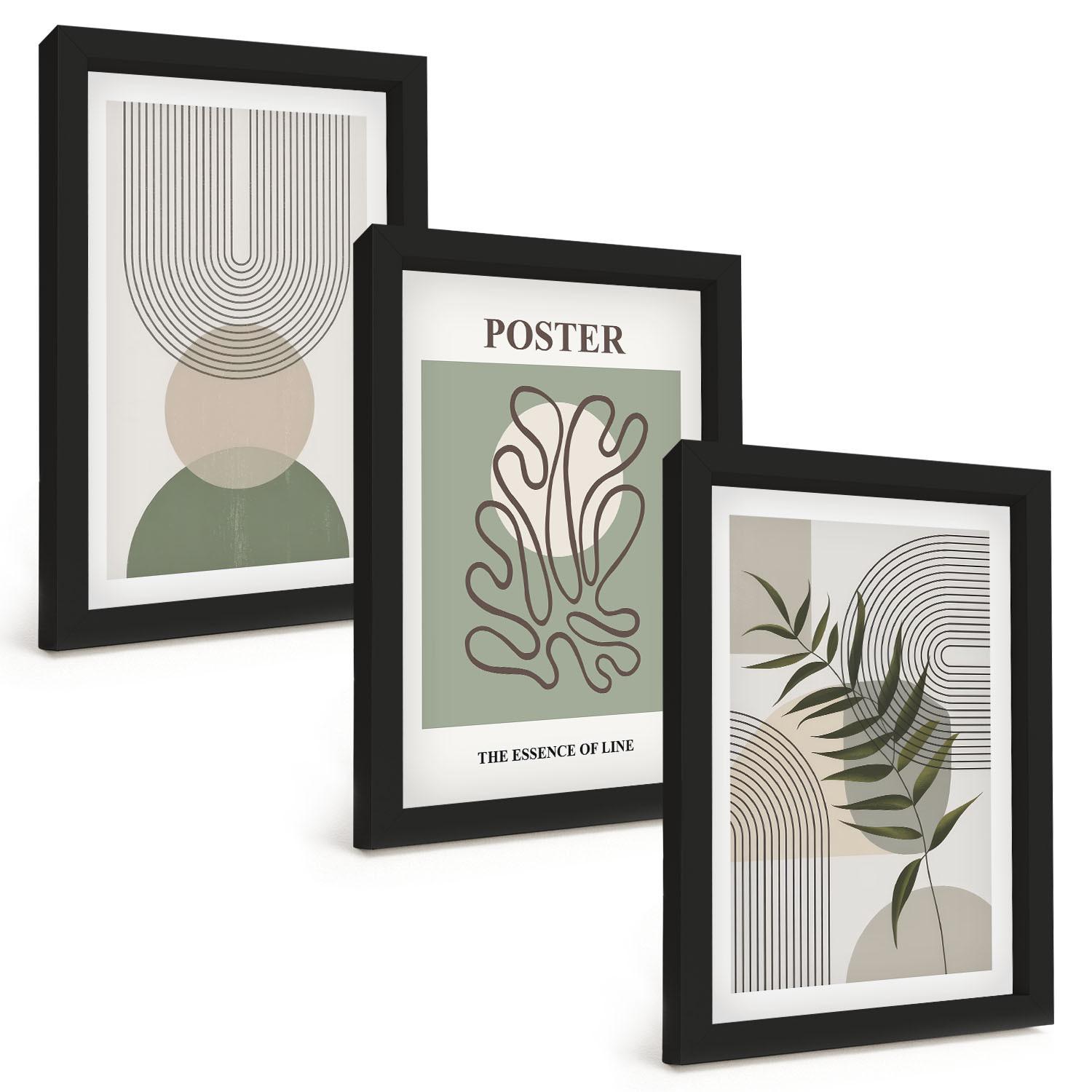 BILDER SET 3er Set - 20x30 cm Schwarzer Rahmen - Geometrische botanische Muster - Schwarz, Kunststoff (20/30cm) - TULUP