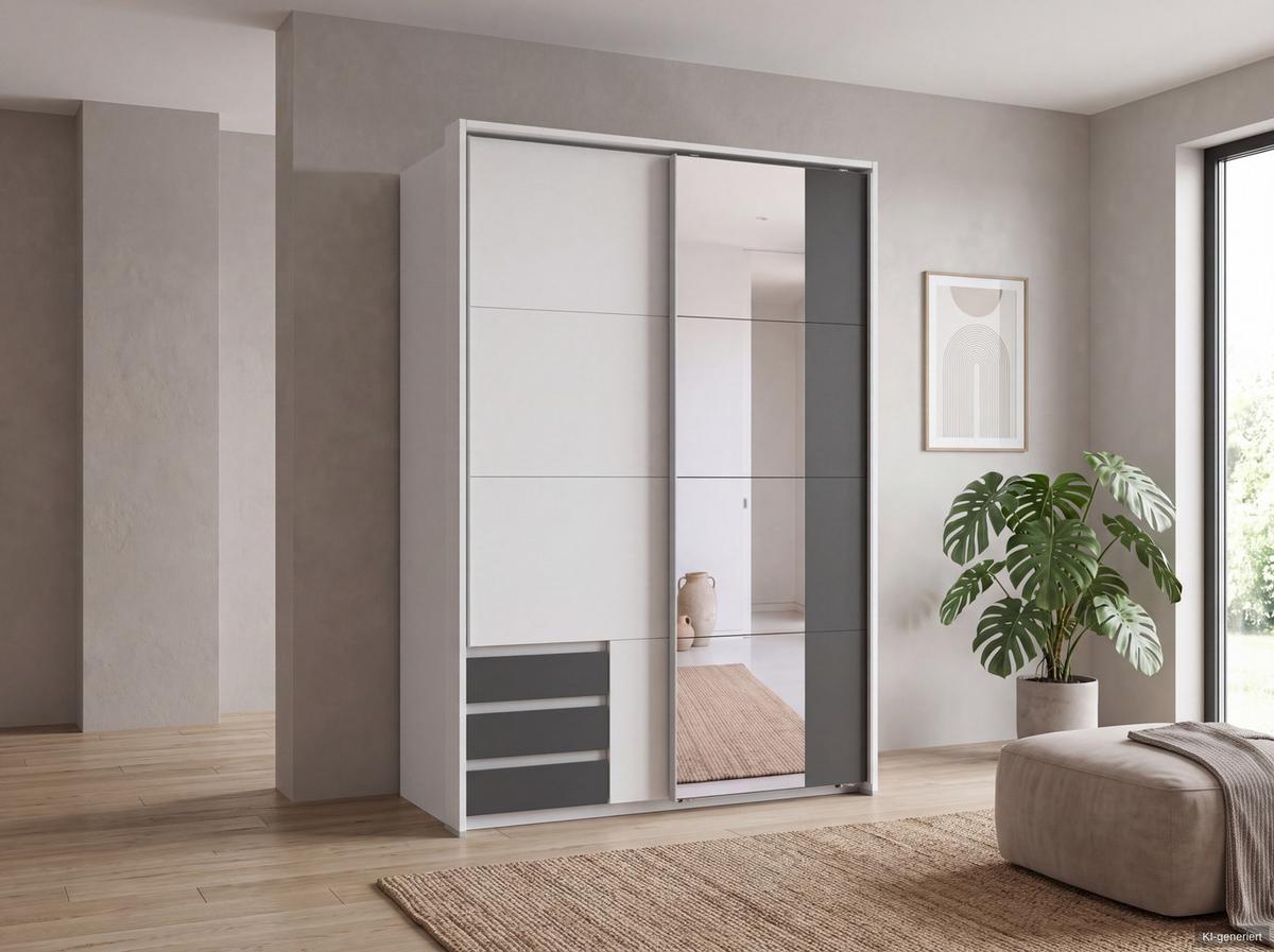 SCHWEBETÜRENSCHRANK 2-türig B138/H200/T65 cm, Passepartout-Kleiderschrank in Weiß, 1x Tür & sichtbare Schubkästen in Grafit mit Spiegel / 22682 - Graphitfarben/Alufarben, Holz/Holzwerkstoff (138/200/65cm) - luma-home