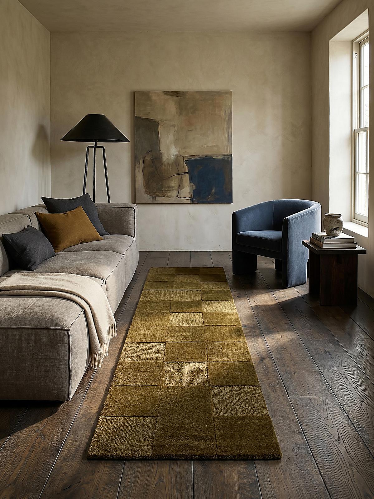 WOLLTEPPICH DEBEN, mit Schachbrettmuster, Grün, 60 x 230 cm - Grün, Textil (230/60cm) - KADIMA DESIGN