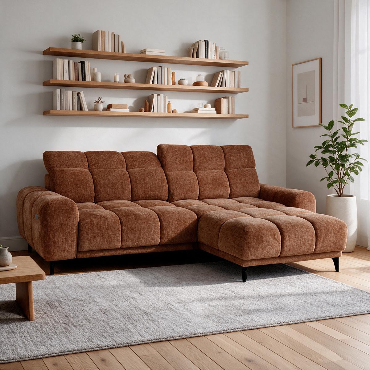 ECKSOFA Marco Mini mit elektrisch ausfahrbarem Sitz und verstellbaren Kopfstützen, Rechts, Chenille-Stoff, Dunkelorange - Dunkelorange/Schwarz, Textil (275/182cm) - Beautysofa
