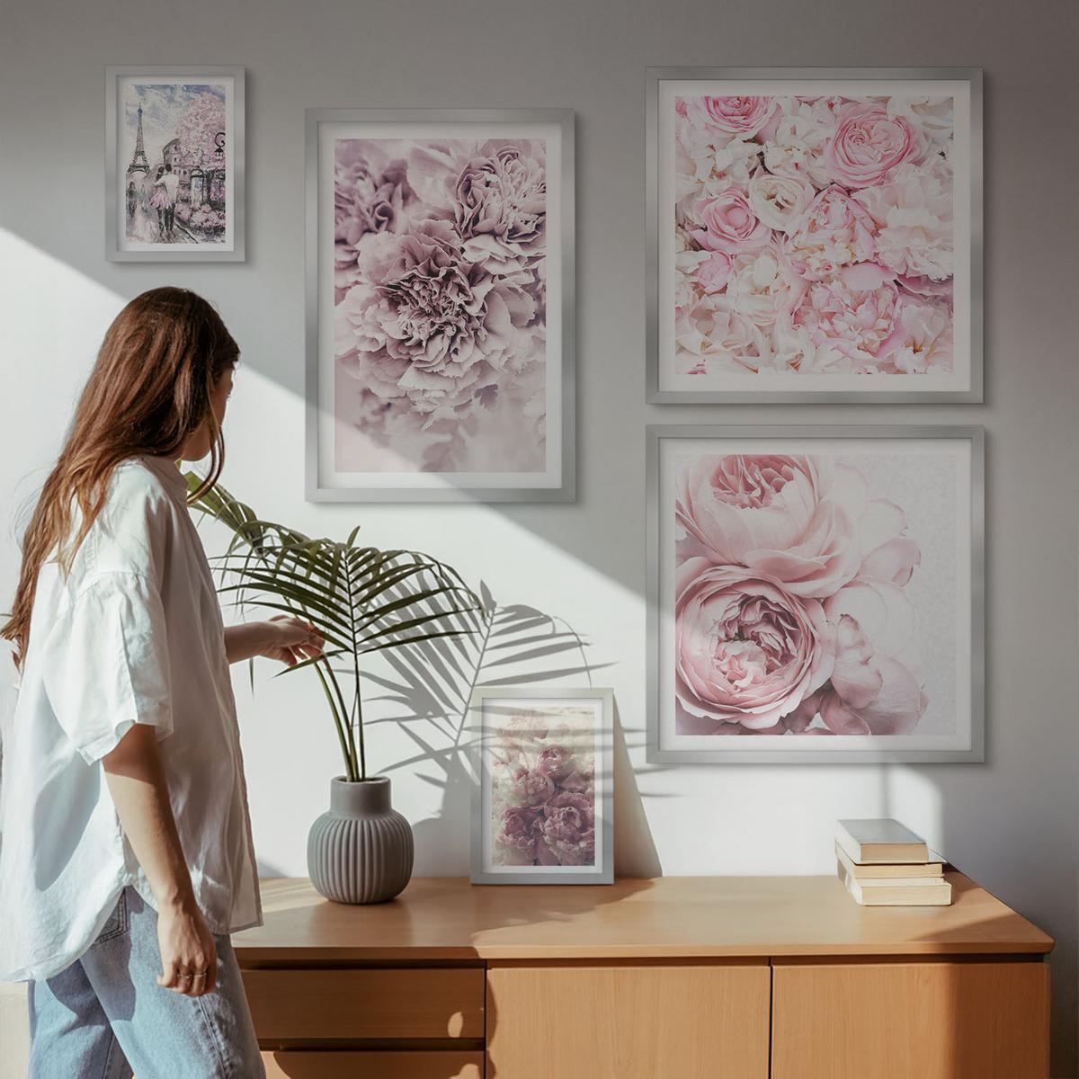BILDER SET 5er Set - 50x50 cm & 20x30 cm & 40x60 cm Silberner Rahmen - Rosa Blumen, romantische Landschaft - Silberfarben, Kunststoff (40/60cm) - TULUP