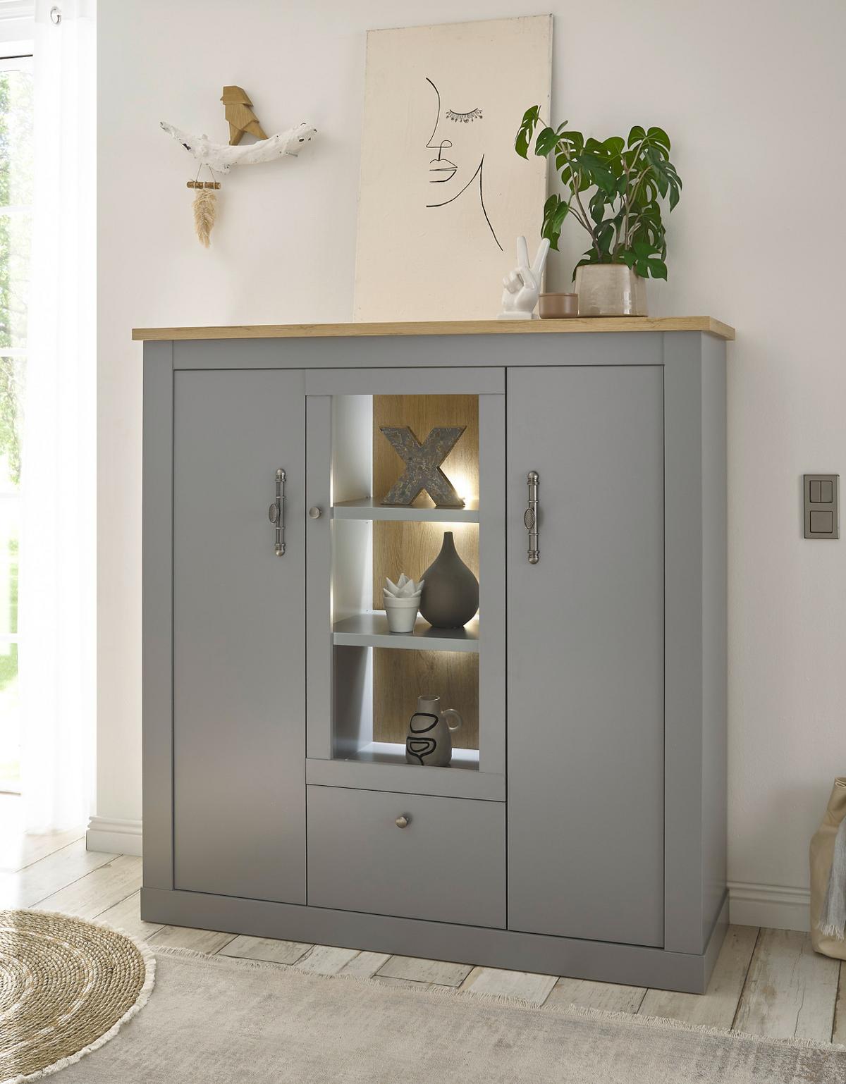HIGHBOARD grau, Artisan Eiche Landhaus 138 cm, Vitrine mit 11 Fächern - Silberfarben/Hellgrau, Glas/Holzwerkstoff (138/142/44cm) - Furn.Design
