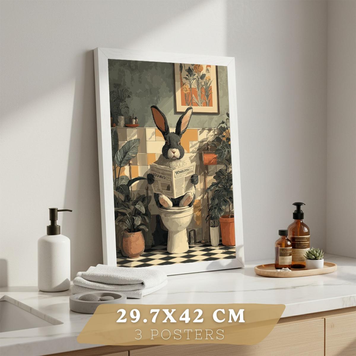 POSTER 3er-Set Tierdrucke im Badezimmer, lustige Waschbär- und Kaninchen-Dekorationsbilder im modernen Vintage-Stil für und Toilette Rahmenlos A3 - Klar, Papier (42/29.7/3cm) - Nacnic