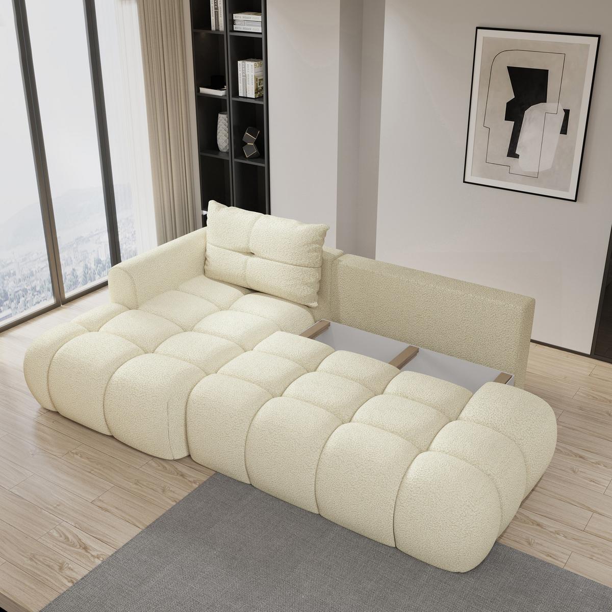 ECKSOFA FLUMA L-S Creme Boucle-Stoff mit Schlaffunktion - Creme, Holz (279/158cm) - MASSENO