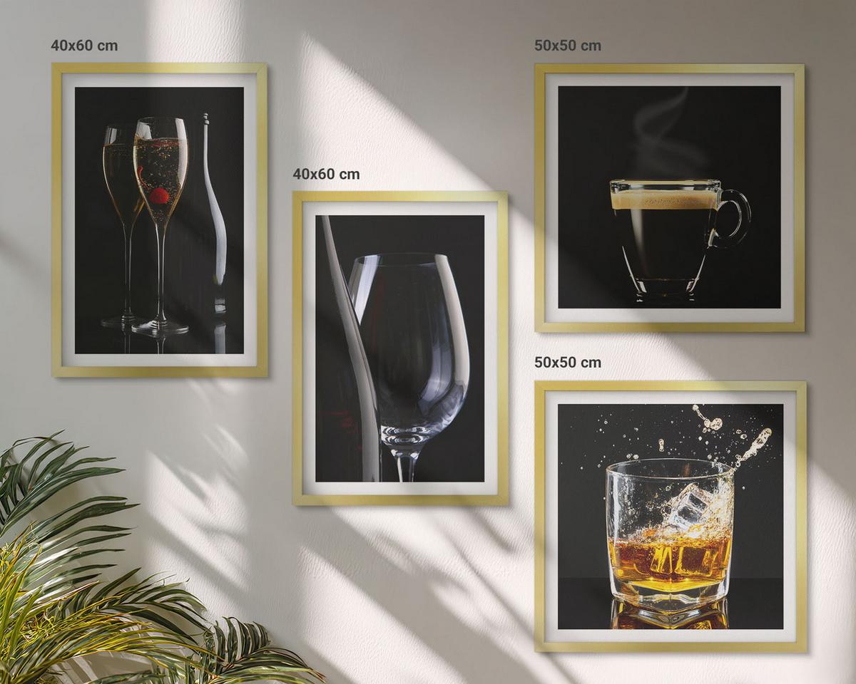 BILDER SET 4er Set - 50x50 cm & 40x60 cm Goldrahmen - Whisky, Wein, Champagner, Kaffee, Alkohol - Goldfarben, Kunststoff (50/50cm) - TULUP