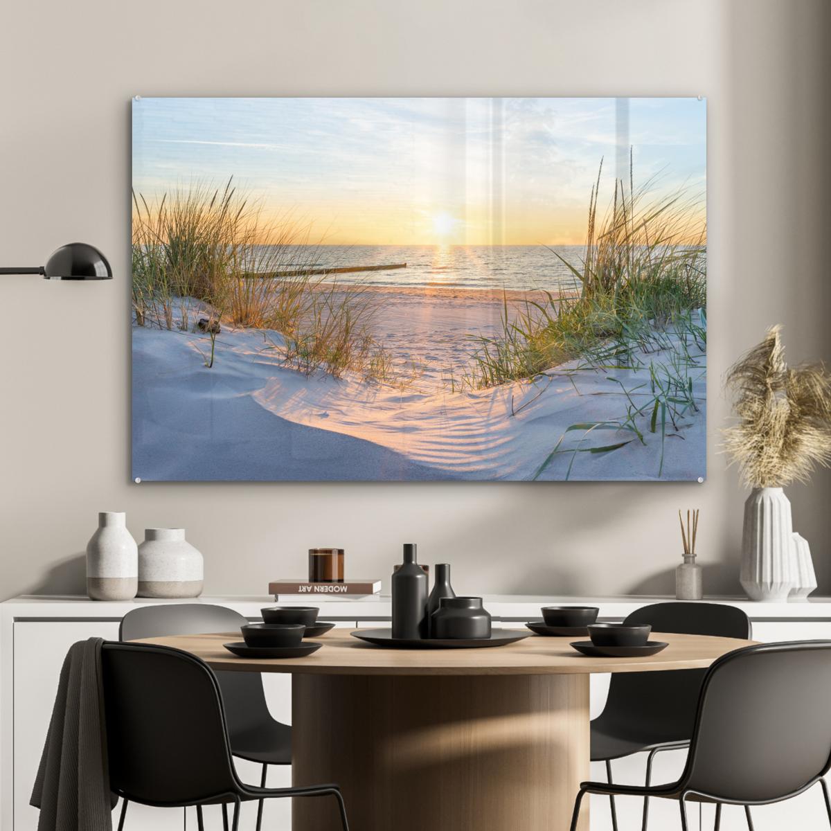 ACRYLGLASBILD Strand - Sonne - Düne - Gras - Sand - Horizont Wandbild Schlafzimmer 120x80 cm - Hellblau, Glas (120/80cm) - MuchoWow