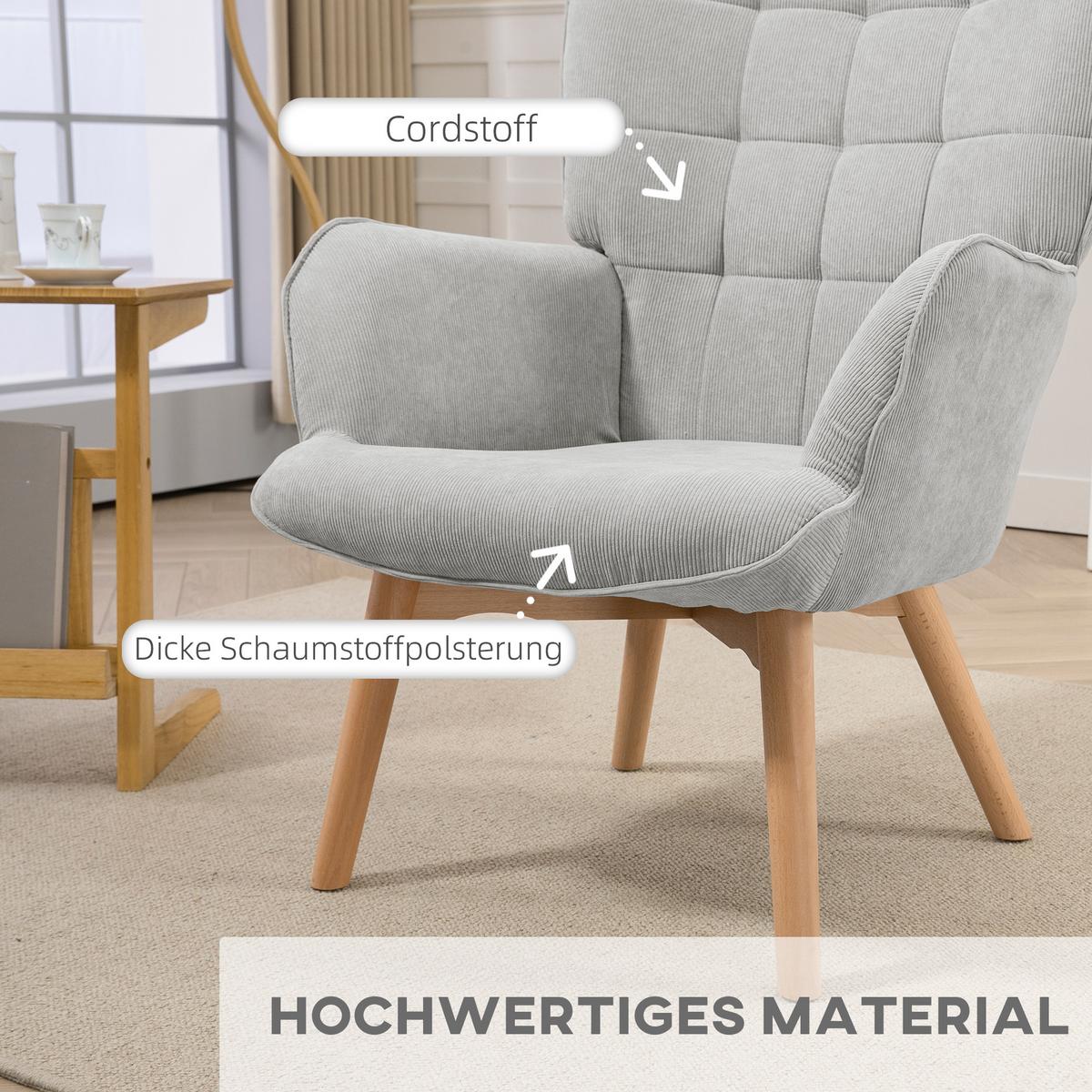 OHRENSESSEL mit Hocker, Relaxsessel, Polstersessel in Cord-Optik, mit Holzbeine - Naturfarben/Grau, Holz/Buchenholz (72/101/80cm) - HOMCOM