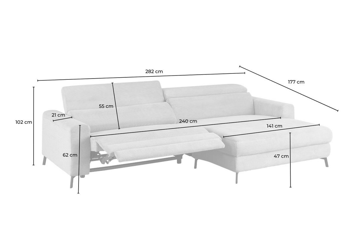 ECKSOFA LAISKA Hellblau Cord Relaxfunktion - Schwarz/Hellblau, Textil/Metall (282/177cm) - KAWOLA