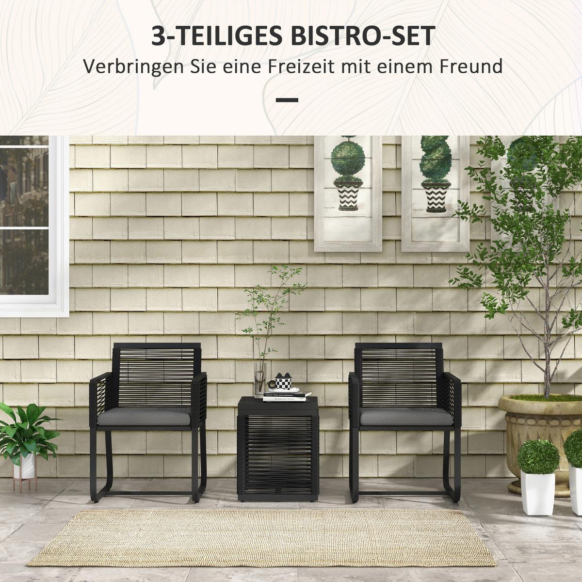 SITZGRUPPE, 3-tlg., Rattan Gartenmöbel-Set,Gartengarnitur mit 2 Gartenstühle - Schwarz, Kunststoff - Outsunny