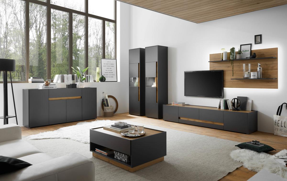 VITRINE grau matt, Eiche Wotan 50 x 197 cm, Vitrinenschrank 5 Fächer - Eiche Wotan/Schwarz, Glas/Holz (50/197/40cm) - Furn.Design