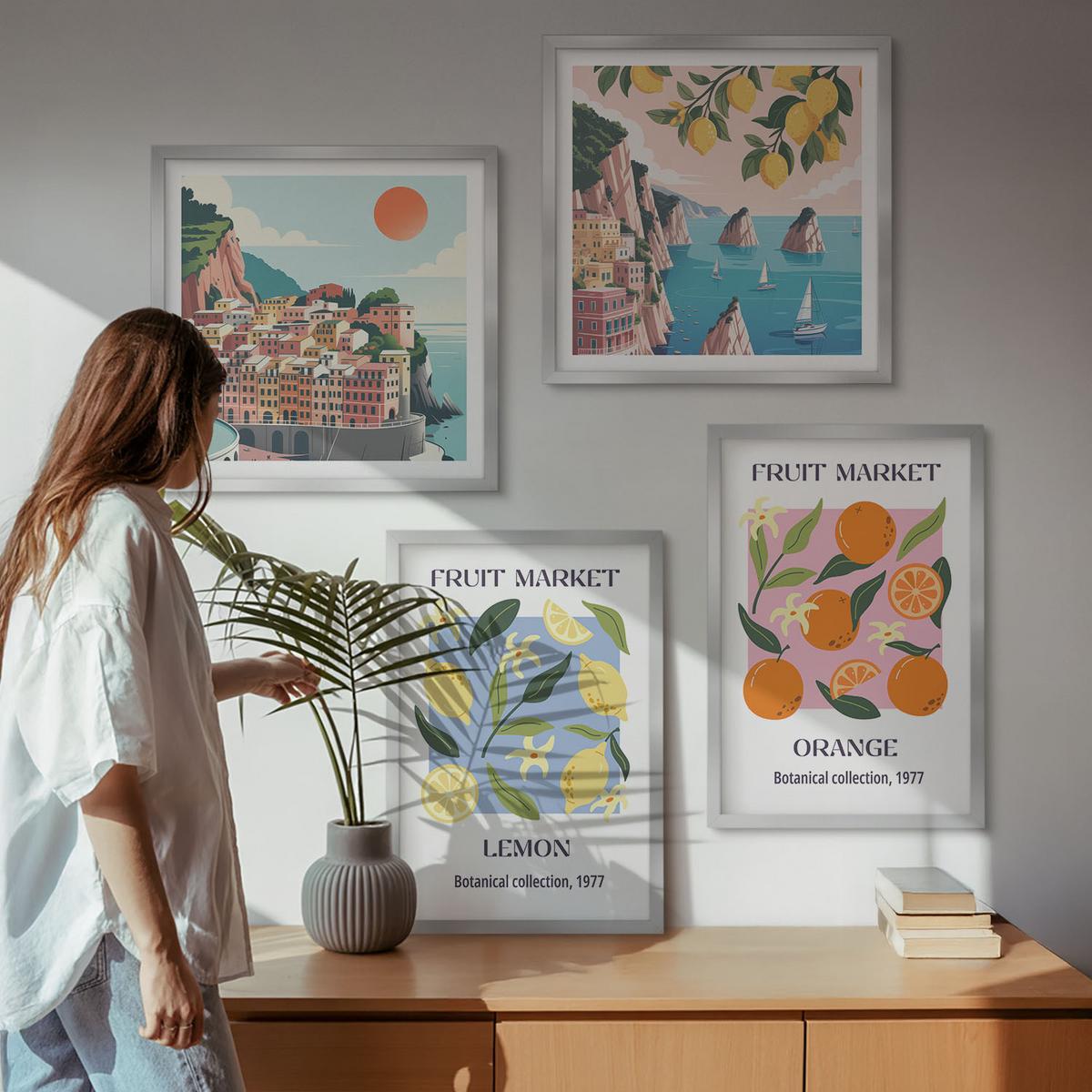 BILDER SET 4er Set - 50x50 cm & 40x60 cm Silberner Rahmen - Obstposter Zitronen Orangen - Silberfarben, Kunststoff (50/50cm) - TULUP