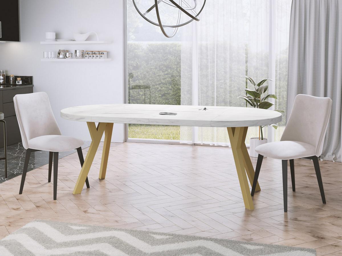 ESSTISCH Mateo runder ausziehbarer, Marmor Weiß 100-200/100/76 cm - Ecru/Goldfarben, Holz/Holzwerkstoff (100/200/76cm) - WFL GROUP