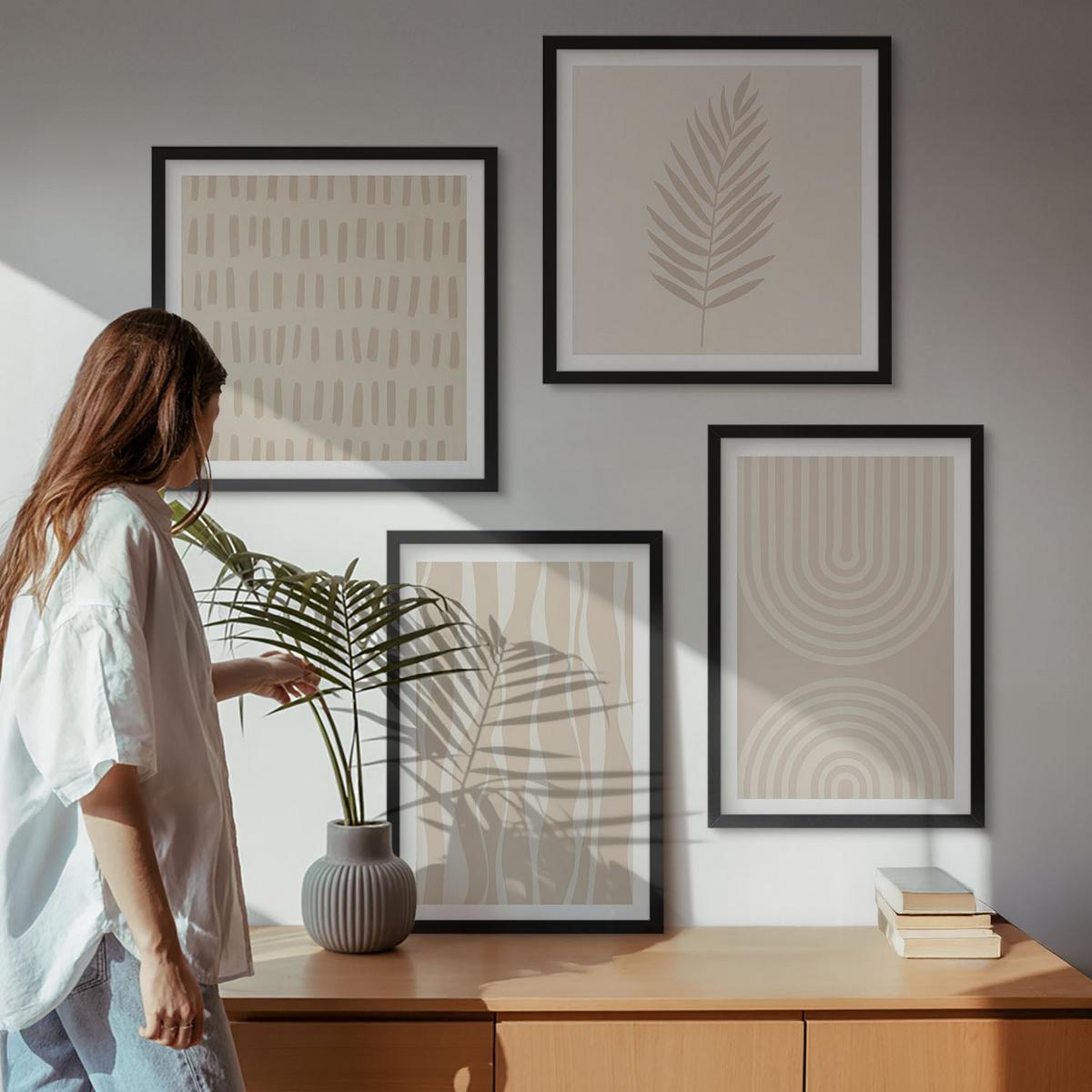 BILDER SET 4er Set - 50x50 cm & 40x60 cm Schwarzer Rahmen - Beige Pflanzenmuster - Schwarz, Kunststoff (50/50cm) - TULUP