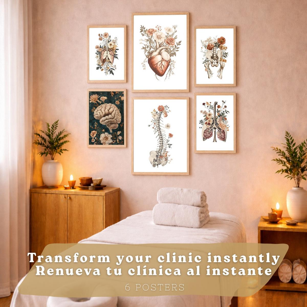 POSTER Set aus 6 Anatomie Mensch Florale Aquarell Drucke und mit Gehirn Lungen Skelett Nieren und Organen Botanische Größe Leichter Holzrahmen A3 & A4 - Beige, Papier (21/29.7/3cm) - Nacnic